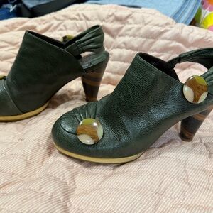 Dark Green Leather Slingback Heels with Decorative Button Accent
